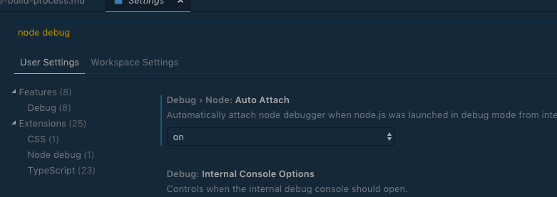 Search for on debug and set attach to enable