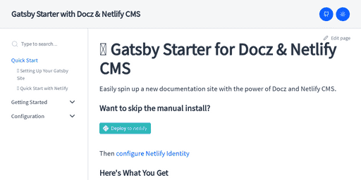 Screenshot of colbyfayock/gatsby-starter-docz-netlifycms