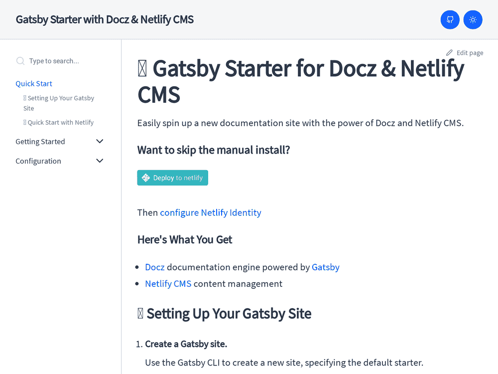 Screenshot of gatsby-starter-docz-netlifycms