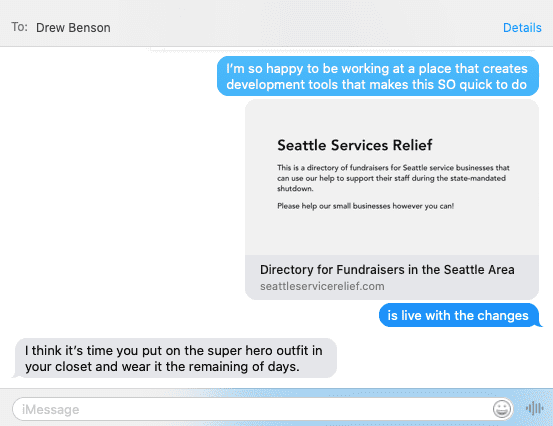 Text message conversation with Drew where I announced that seattleservicerelief.com was live