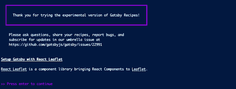 Running the React Leaflet Gatsby Recipe in the command line