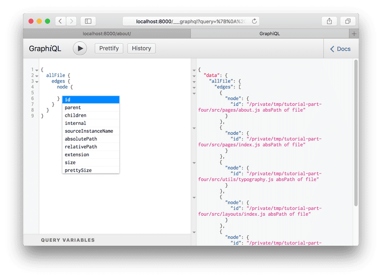 The GraphiQL IDE showing autocomplete options