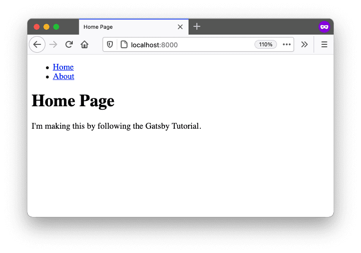 A screenshot of the Home page. Now there's a list of navigation links at the top of the page, with links to the Home and About pages.