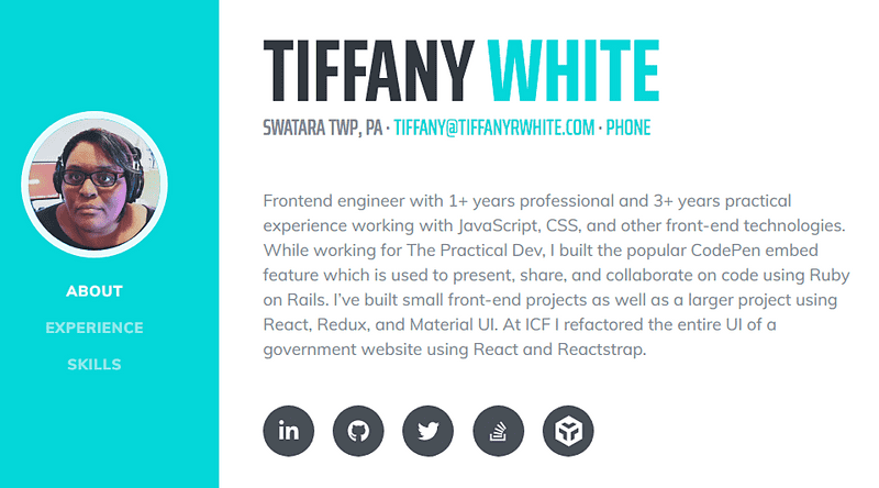 Tiffany White developer portfolio landing page