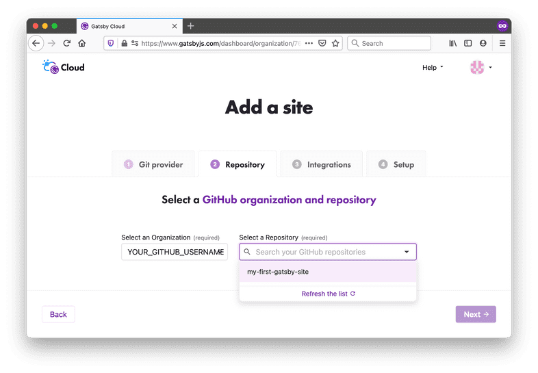 The "Select a Repository" dropdown in Gatsby Cloud lists the "my-first-gatsby-site" GitHub repository.