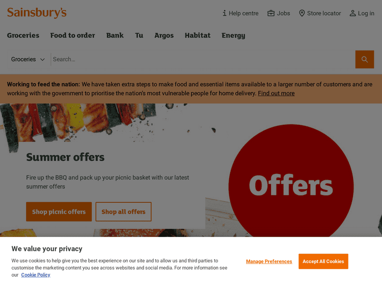 Screenshot of Sainsbury’s Homepage