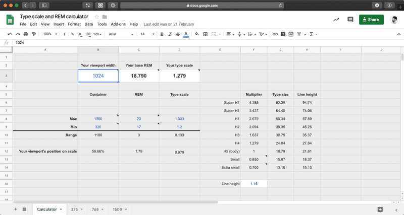 A custom typography scale calculator in Google Sheets