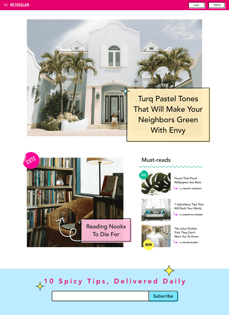 A mockup of a Cosmopolitan-style online magazine, except all the articles are about interior design and architecture