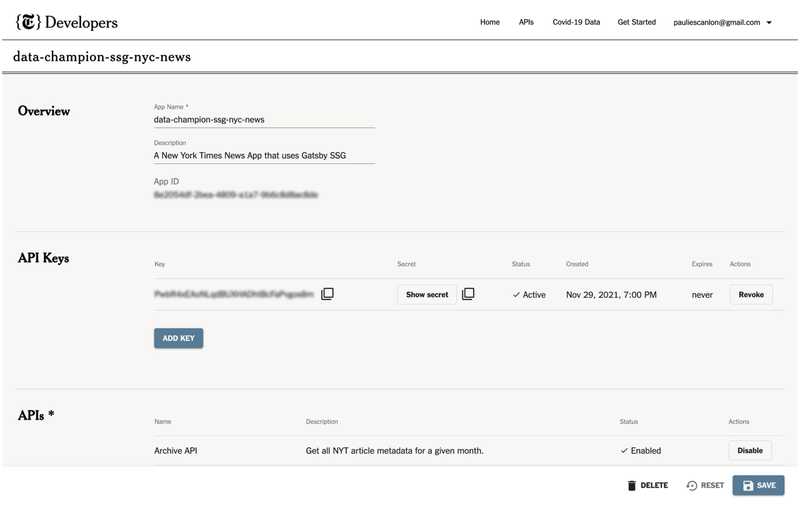 New York Times Archive API - API Keys