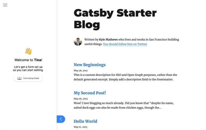 Empty Tina Sidebar rendered on the default Gatsby blog starter