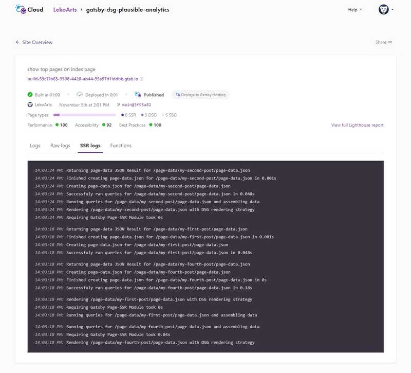 Screenshot of a view inside Gatsby Cloud. This page shows the details of a specific build. From top to bottom: Commit message and current deploy URL, information about how long the build & deploy took and that it was published to Gatsby Hosting. Then a little diagram which pages are SSR, DSG, or SSG. Lastly, a tab overview with the tabs Logs, Raw Logs, SSR logs, and Functions. The screenshot shows the SSR logs. They show activity when a page is requested and say that pages are rendered with the DSG rendering strategy.