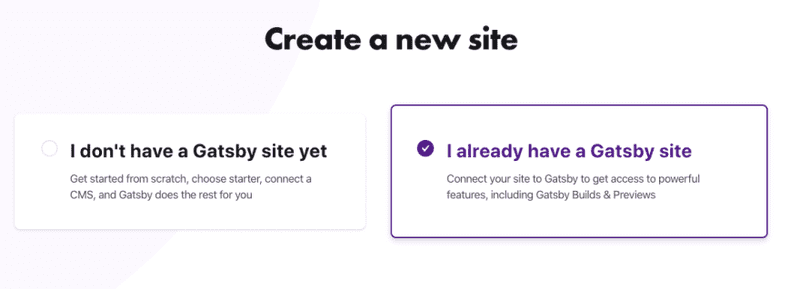 landing page for Gatsby Cloud Create New Site