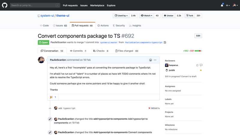 Screen shot of pull request to Gatsby GitHub repo for Theme UI Components contribution, converting package to TypeScript