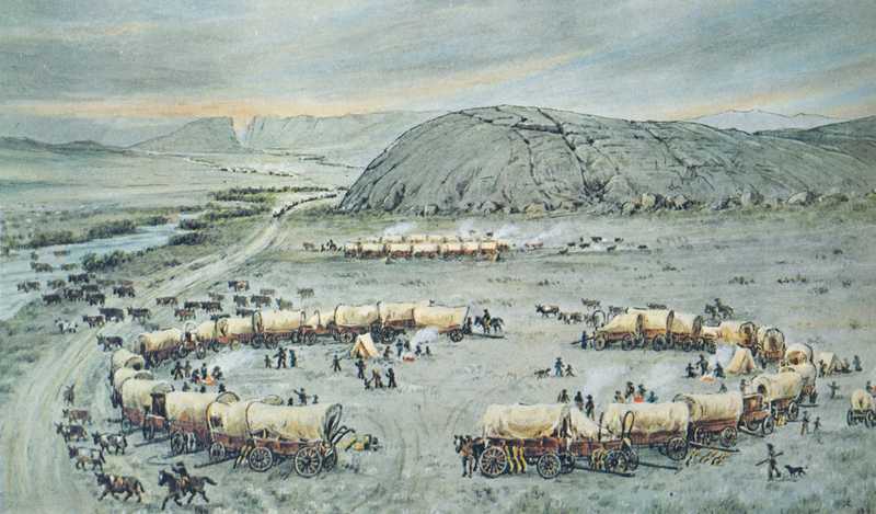 Pioneers in a painting with covered wagons around a camp
