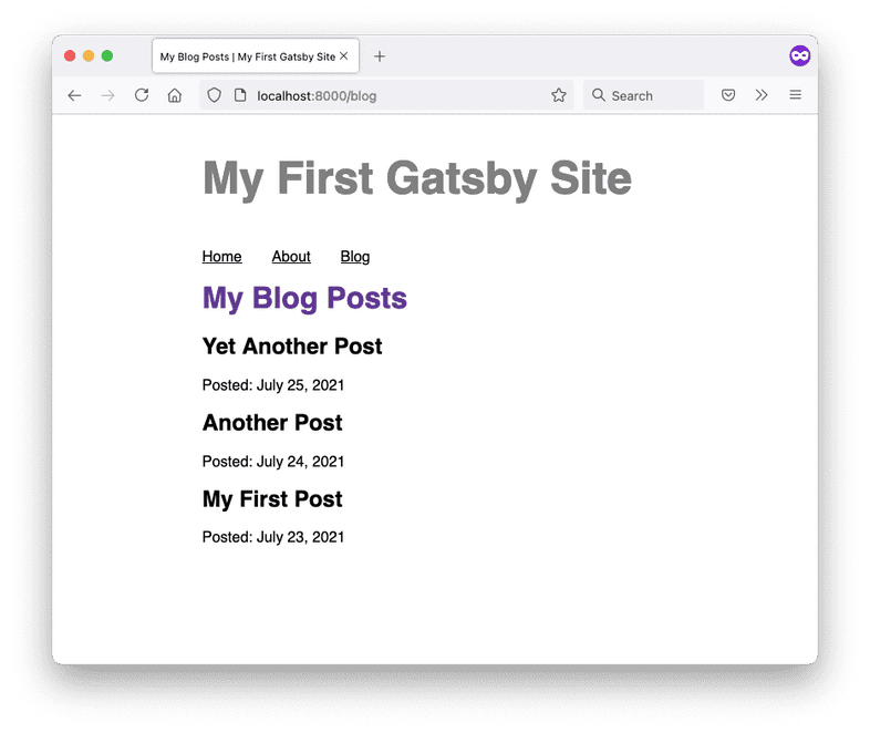 A screenshot of the Blog page in a web browser. Underneath the page heading, there are three posts listed: "Yet Another Post" (posted July 25, 2021), "Another Post" (posted July 24, 2021), and "My First Post" (posted July 23, 2021).