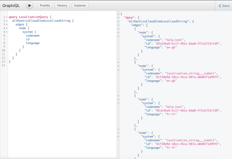 A view of the GraphiQL preview of retrieving language nodes