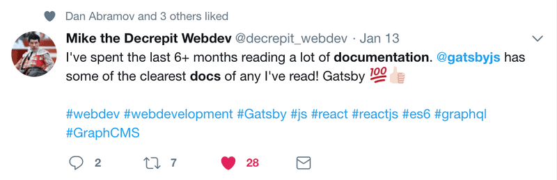 Gatsby 100 docs tweet