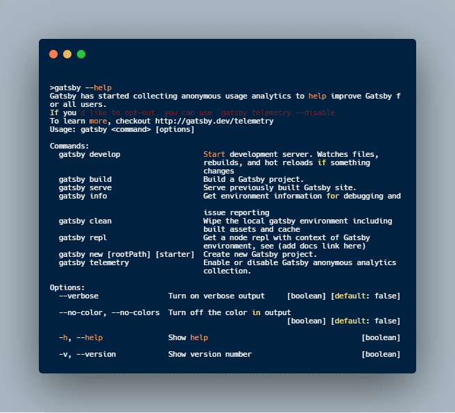Check Gatsby commands in terminal